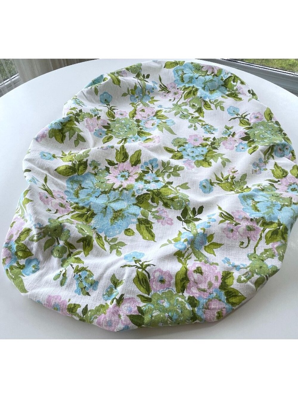 Vintage 1970s cushion seat slipcover, blue pink floral, greenery, size 30" x 43"